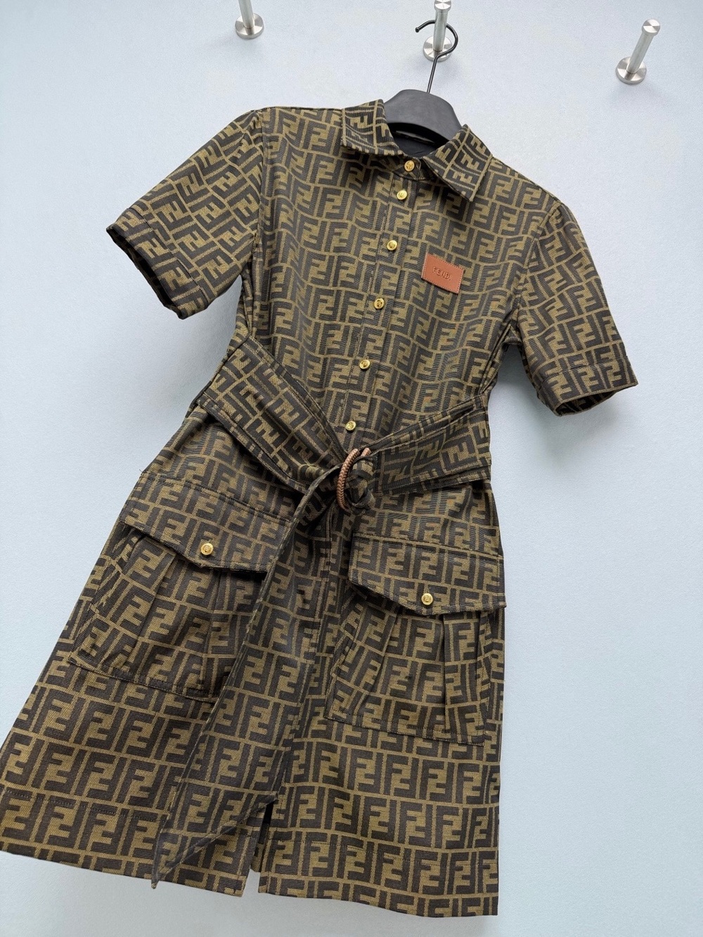 Fendi Brown FF Logo Short-Sleeve Shirt Dress with Belt - Picture 8 of 8